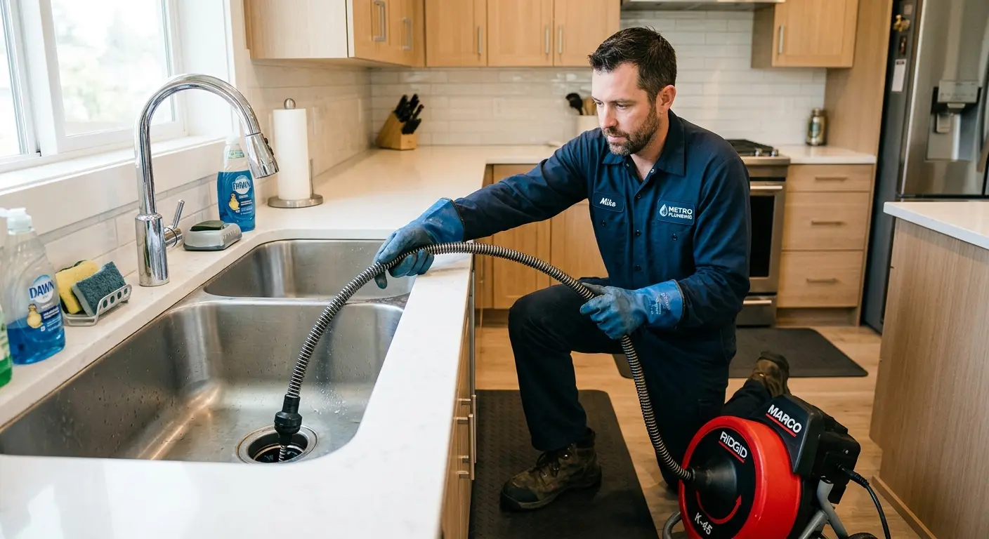 Drain cleaning technician using a motorized snake on a kitchen sink in Cumru