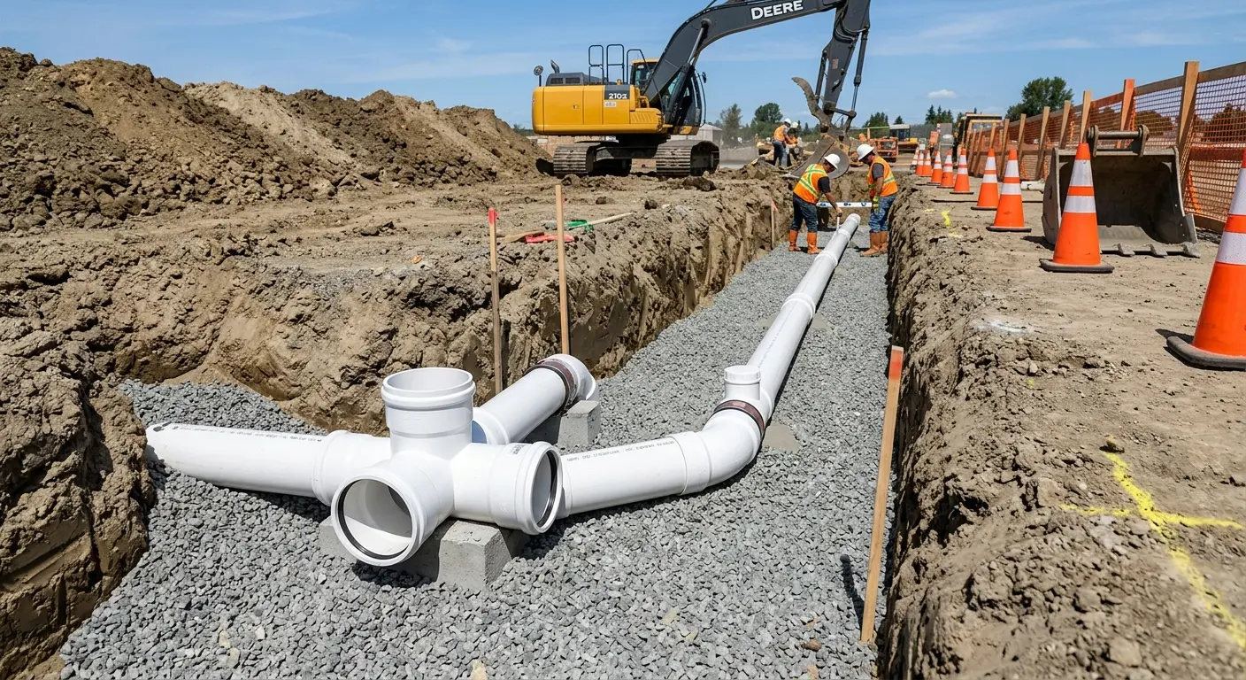 New PVC sewer pipe installation in open trench for Sewer Backup in Cumru