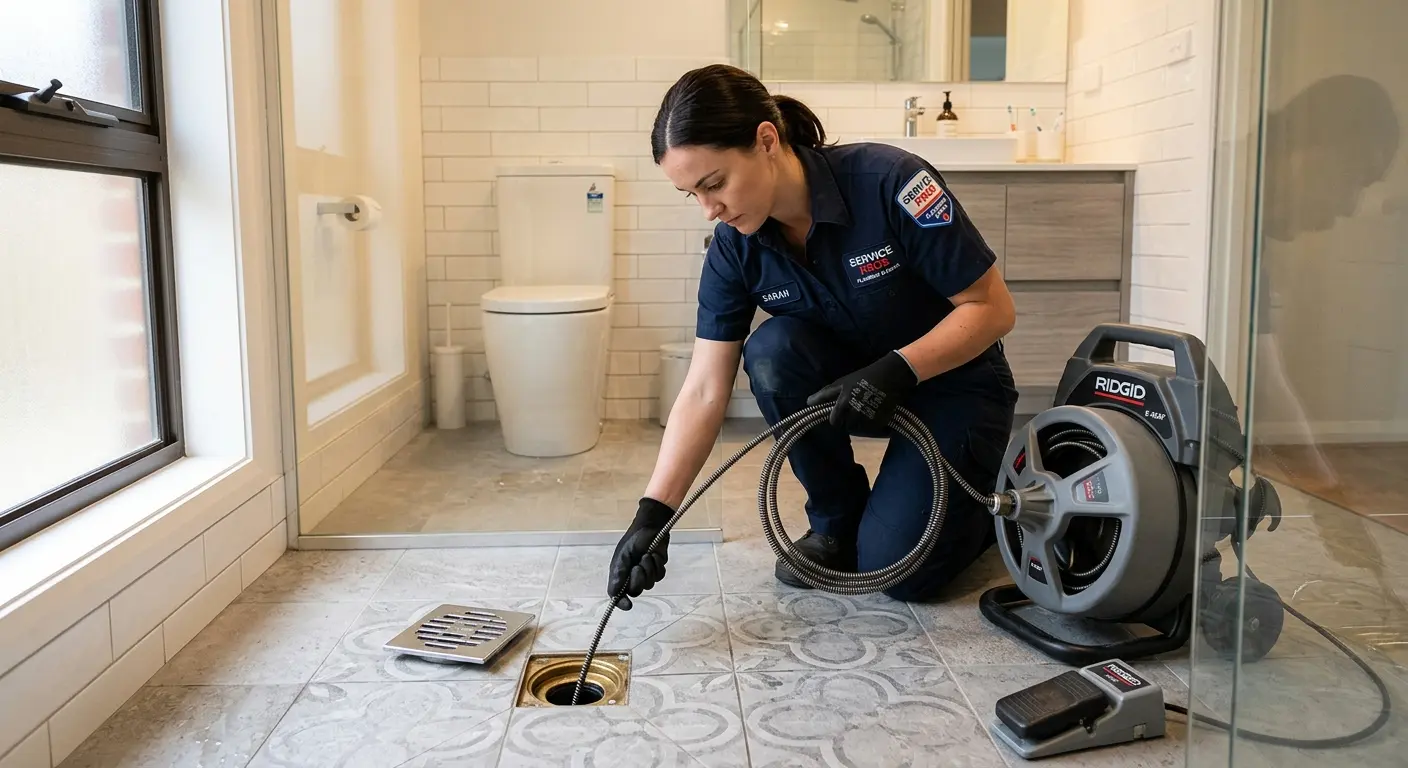 Technician clearing a bathroom floor drain for Clogged Drain Repair in Cumru